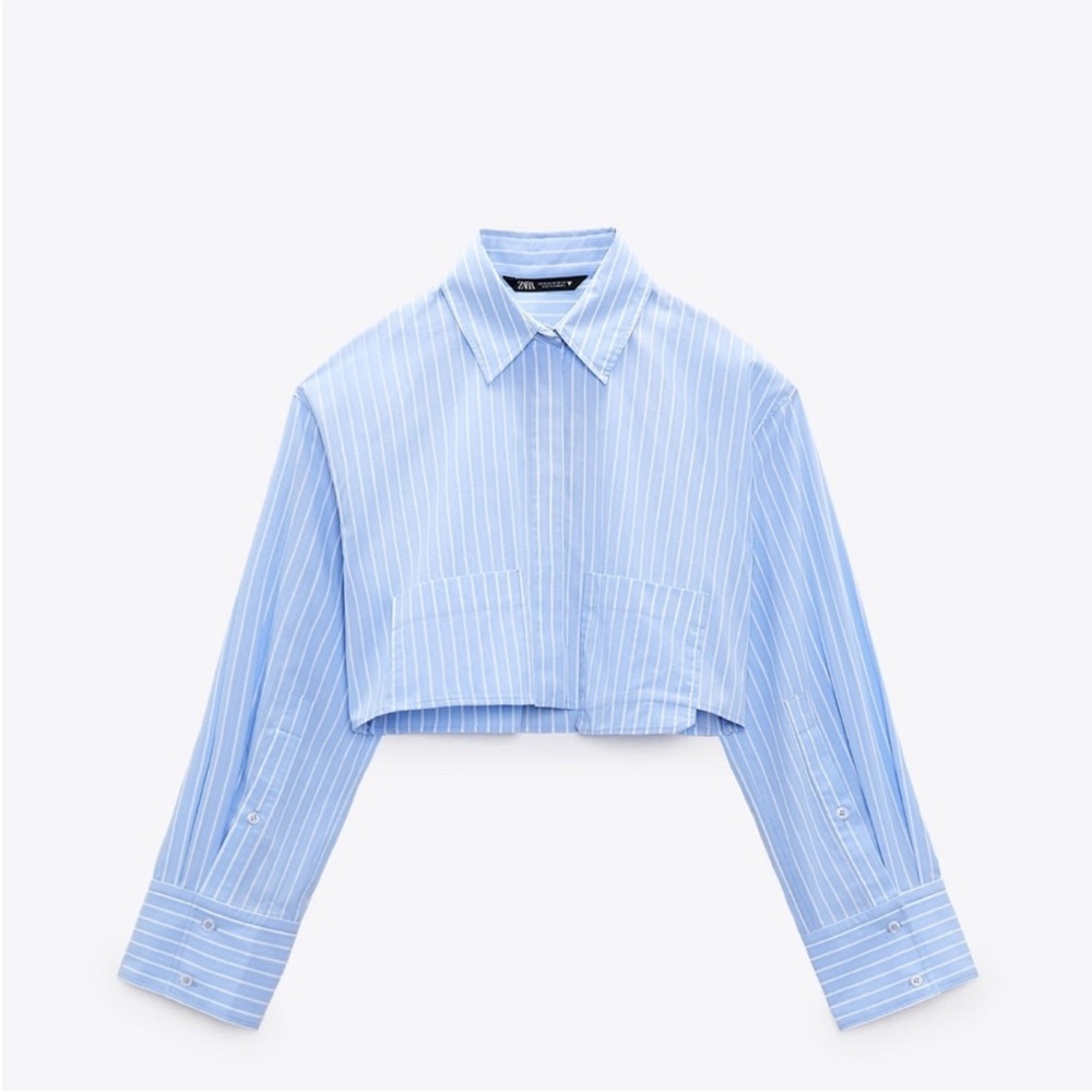 Zara Blue Poplin Striped Cropped Shirt XS